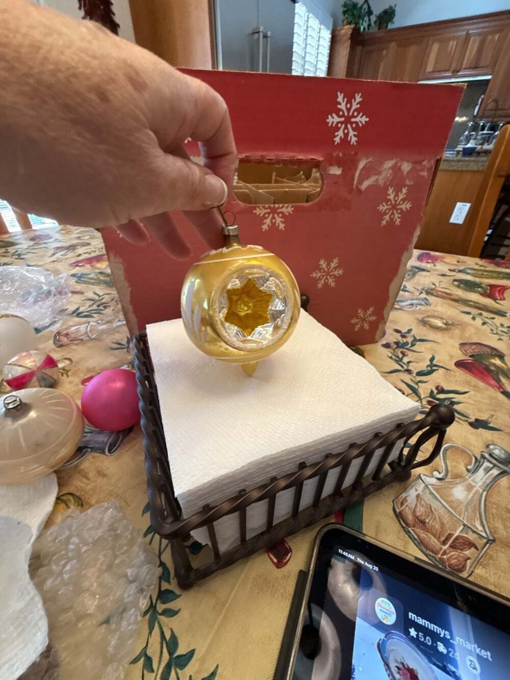 Vtg German Yellow Indent Glass Xmas Ornament Reflector Starburst Mica Glitter